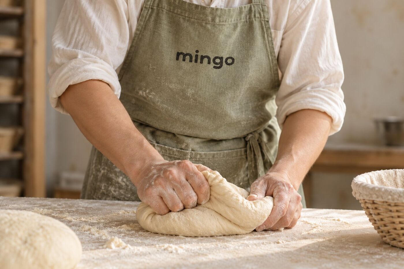 Baker kneading dough in a Mingo apron