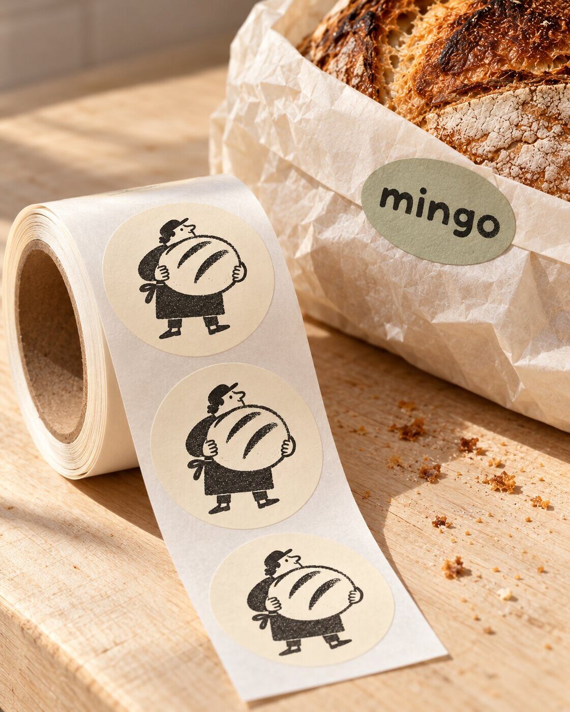 Roll of Mingo stickers next to bread