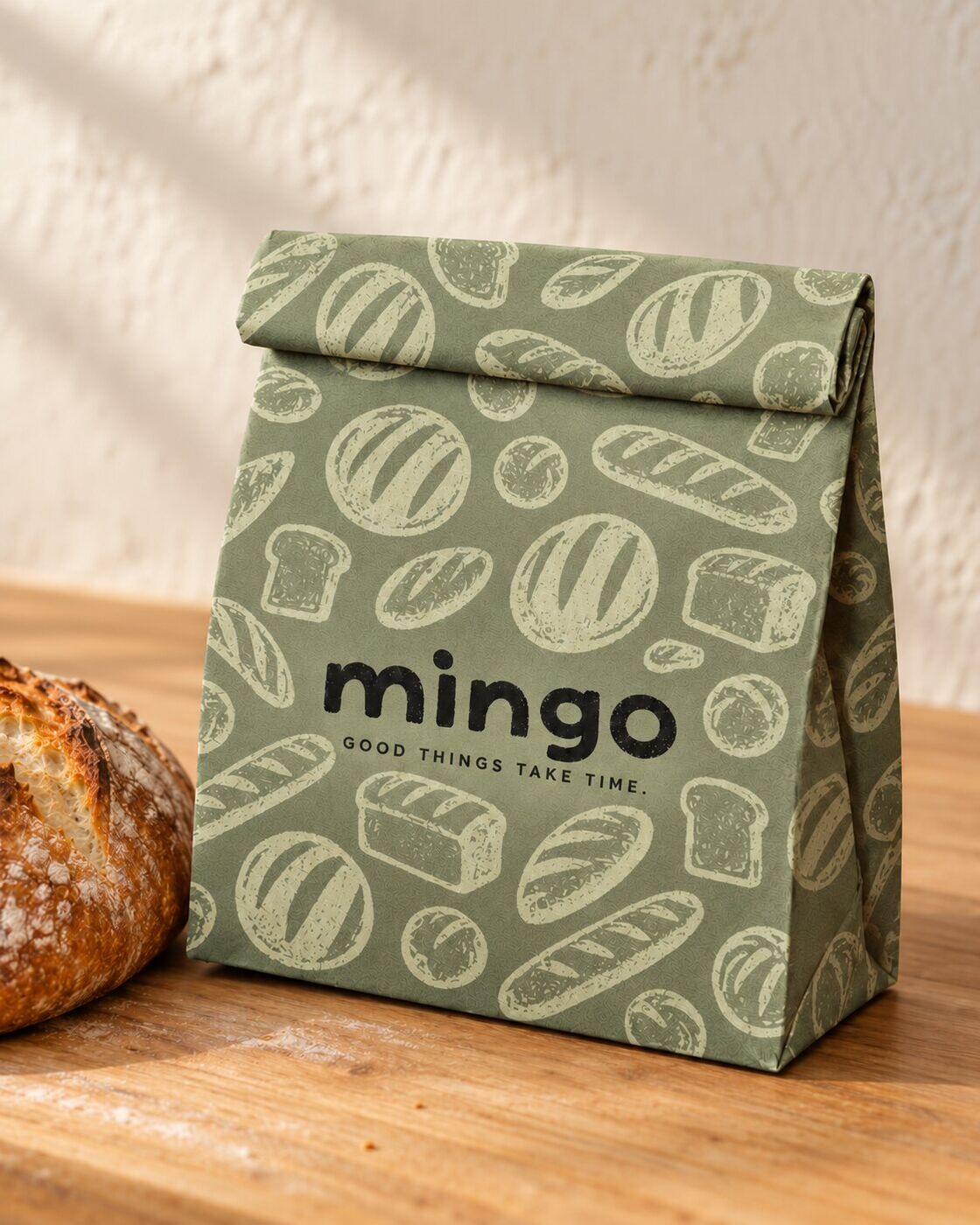 Green Mingo bag with bread pattern
