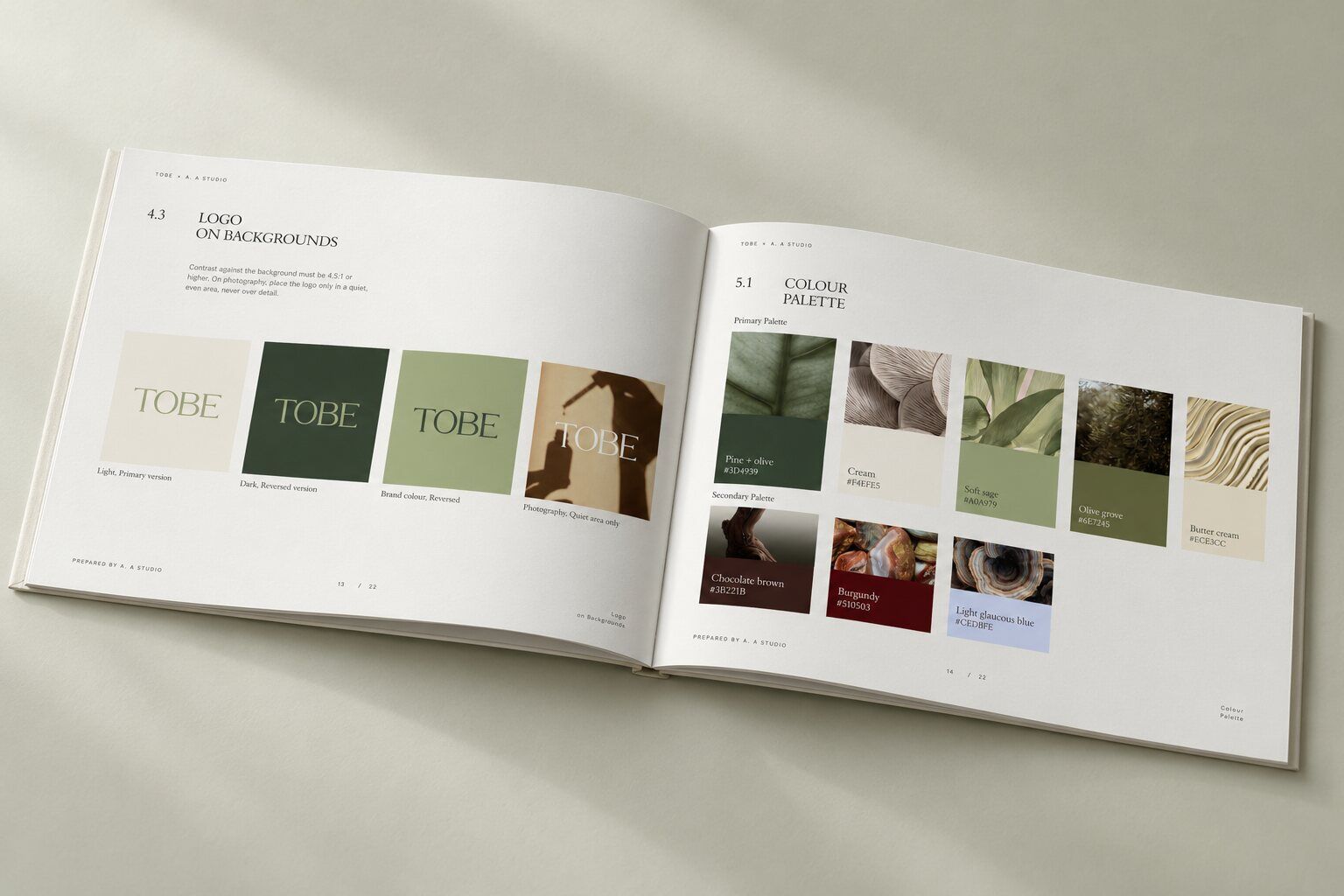 TOBE brand guidelines book open on logo and colour pages