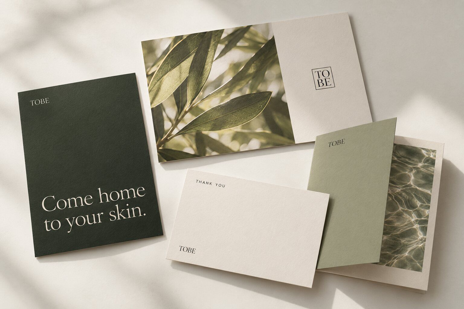 TOBE stationery: cards in pine green, sage and cream
